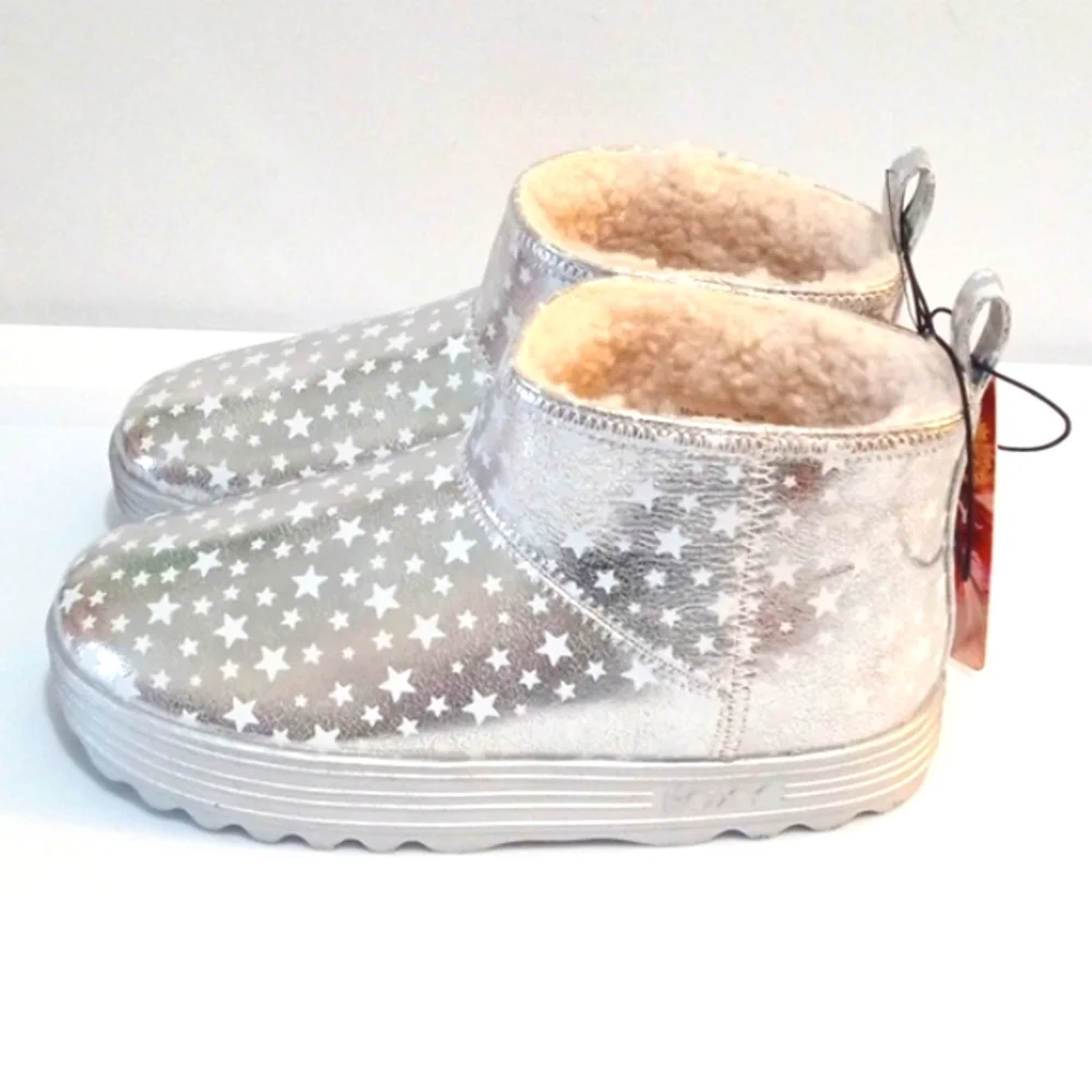 ROXY GIRLS METALLIC SILVER STAR SPANGLED SHERPA LINED ANKLE BOOTIES SIZE 3 NWT